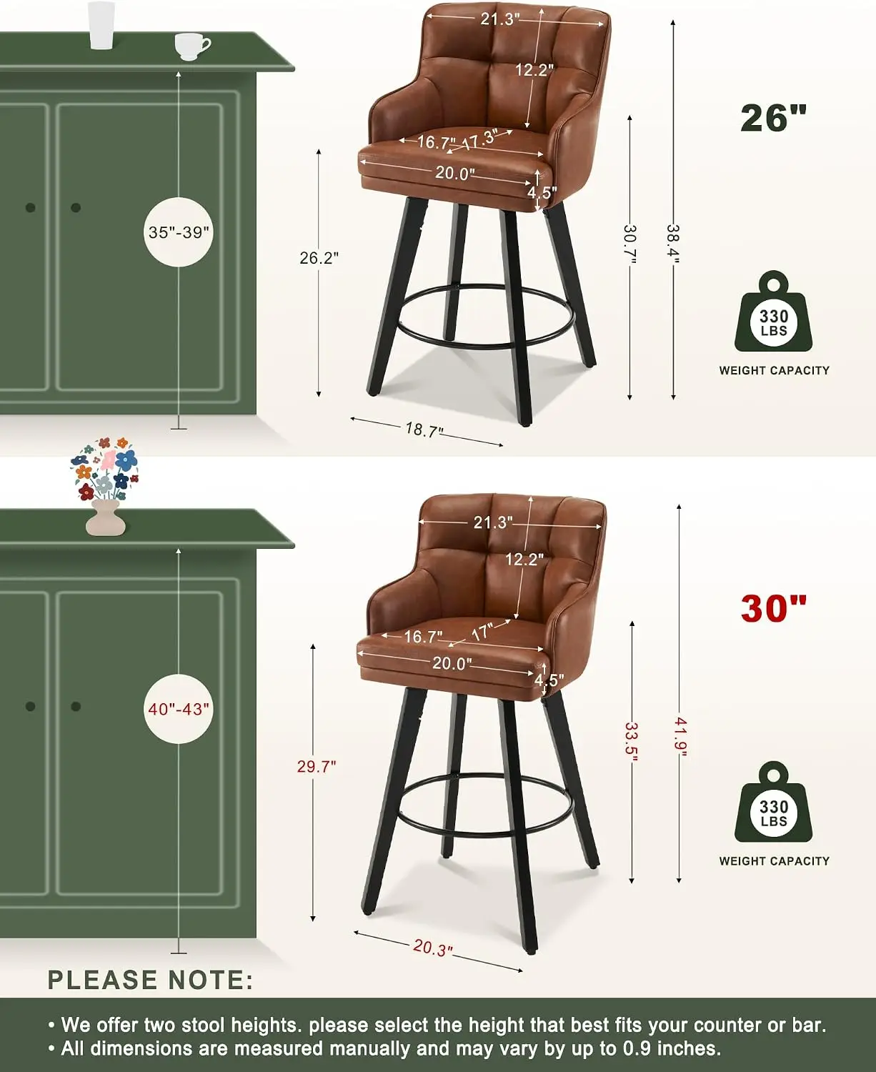360°Swivel Counter Height Bar Stools with Back, 30 inch Solid Wood Legs, Bar Stool Modern Kitchen Island Chairs, Faux Leather (B