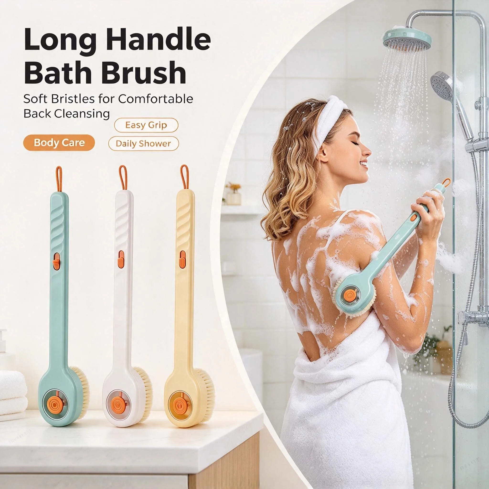 2 in 1 Bath Brush Tool Set Liquid Filled Long Handle Soft Bristle with Back Rubbing Head for Shower Body Cleaning Accessories