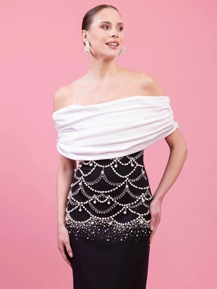 Women's Strapless Black and White Pearl Embellished Midi Dress Satin Bust Evening Gown for Cocktail Formal Events