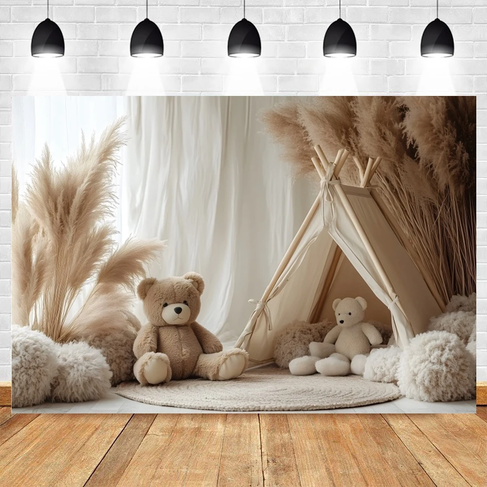 Spring Bohemian Style Photography Backdrop Pampas Grass Tent Bear Baby Shower Kids Birthday Party Cake Smash Photo Background