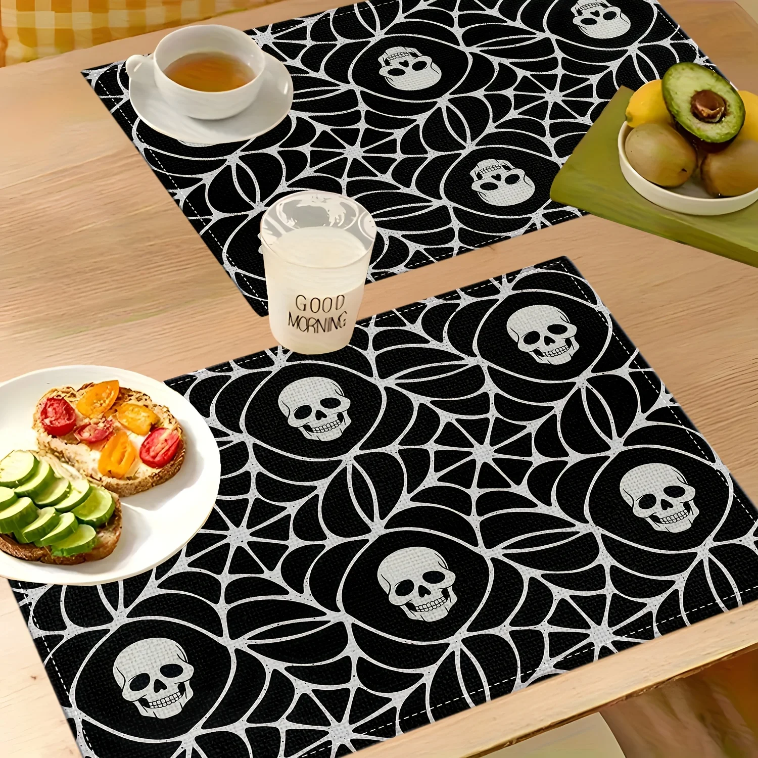 4pc 2D Printed Skull Black Background Geometric Pattern Themed Printed Square Placemat, with Cartoon Printed Patterns
