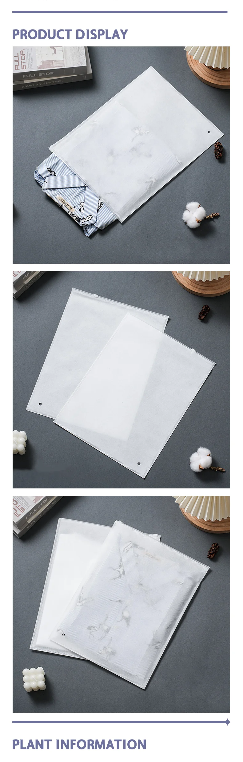 50 Stück weiße doppelseitige Vlies-Reißverschlusstaschen, Kleidungsverpackungstaschen, Pullover-T-Shirt-Aufbewahrungstaschen, unterstützt individuelles Logo – Detail 4