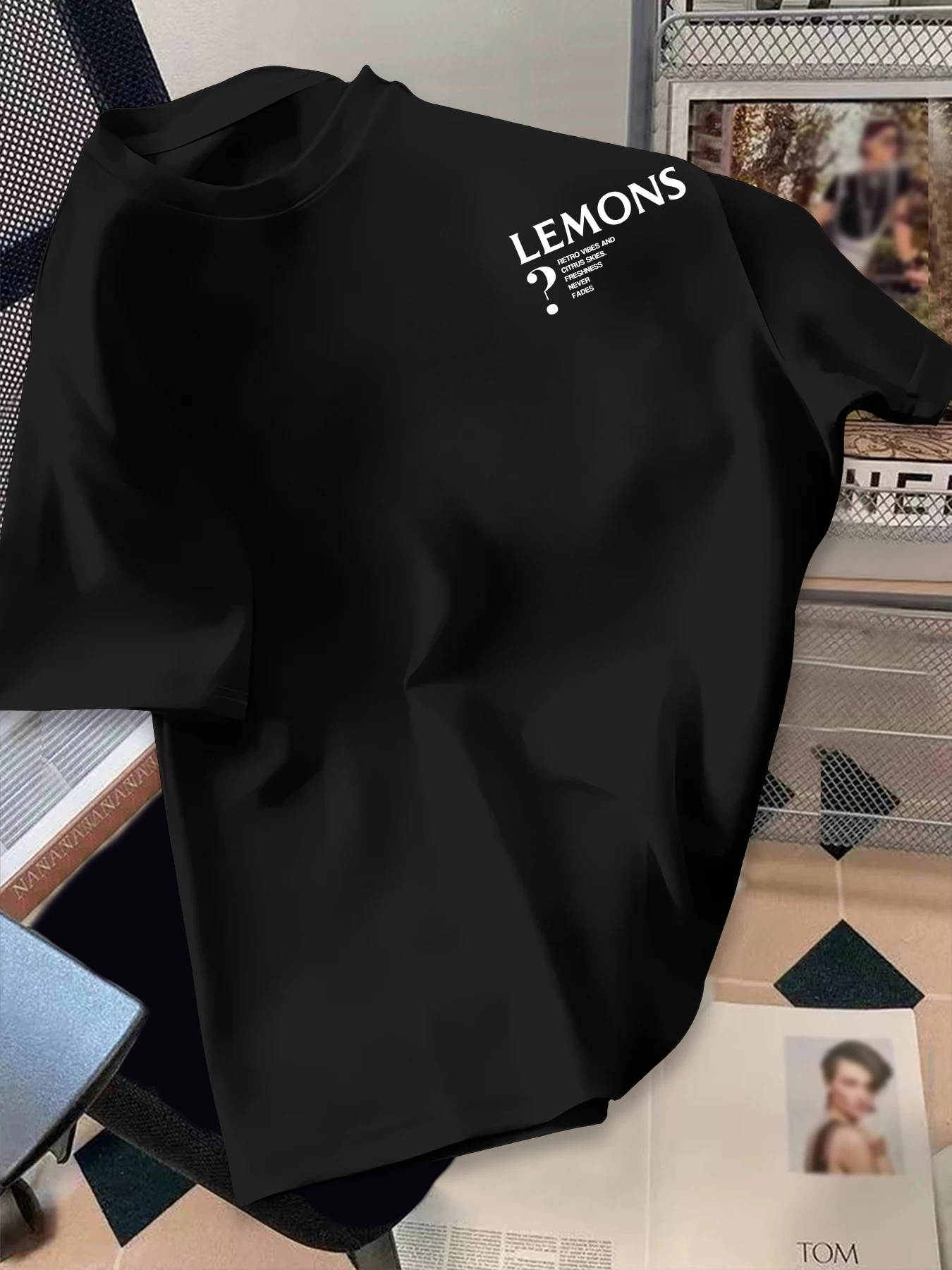 Men Oversized Drop Shoulder T-shirt, Retro Lemon Fruit Letter Graphic Back Print Casual Tee