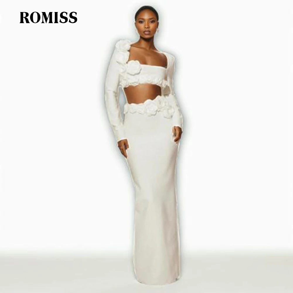 

ROMISS Slim Spliced Appliques Women's Sets ROMISS Square Collar Long Sleeve Crop Top High Waist Bodycon Skirt Summer Solid Set