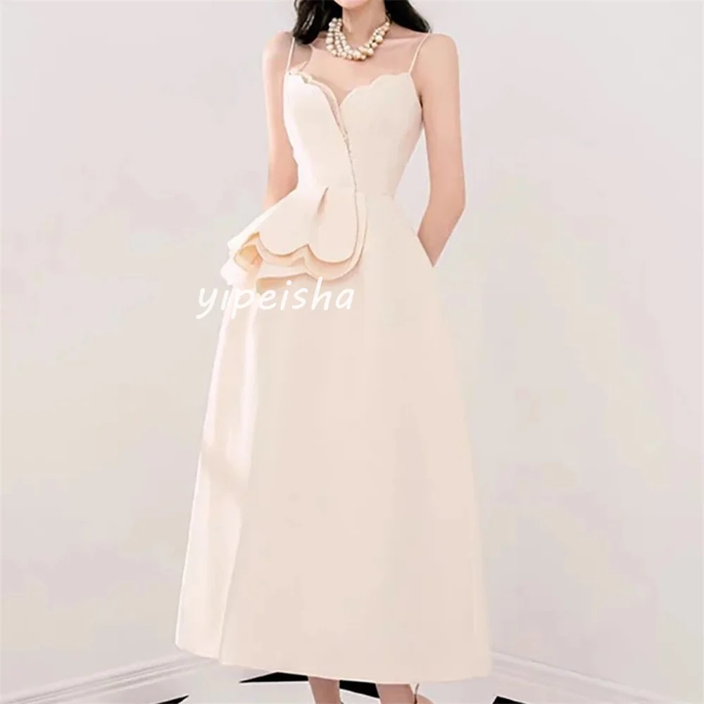 Customized Chinese Style Jersey Pleat A-line Spaghetti Strap Midi Dresses Homecoming Dresses Simple Retro  Elegant Exquisite Hig