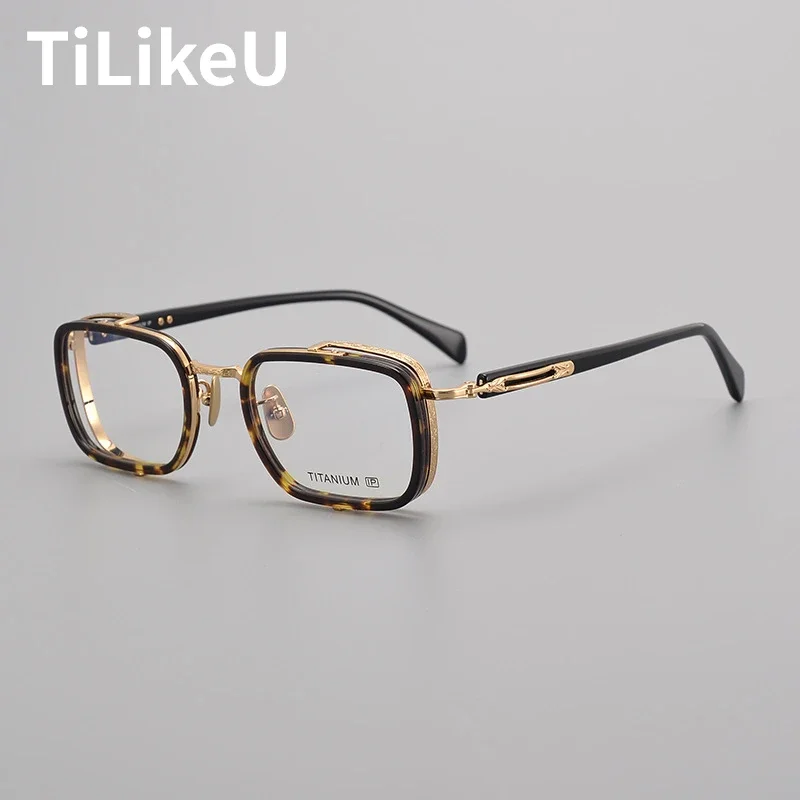 Retro Pure Titanium Large Square Eyeglasses Men Prescription Computer Glasses High Quality Acetate Frames Handmade Women Glasses