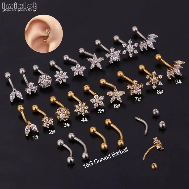 New 1PC 16G Stainless Steel Zircon Flower Eyebrow Piercing Curved Barbell Lip Ring Snug Daith Helix Rook Earring Jewelry