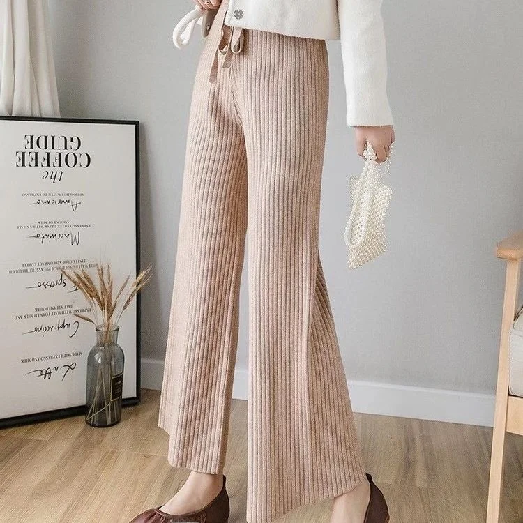 Thiened Pantalon à jambes larges tricoté Taille haute pour femme Automne Hiver Pantalon ample drapé à jambes droites Pantalon long en laine e Tube...