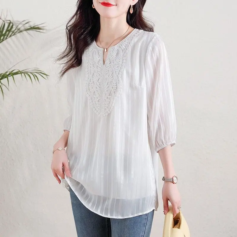 

Шифоновые лоскутные кружевные женские блузки Camisas De Mujer, летние рубашки в полоску с v-образным вырезом, винтажные топы, свободные однотонные корейские блузки