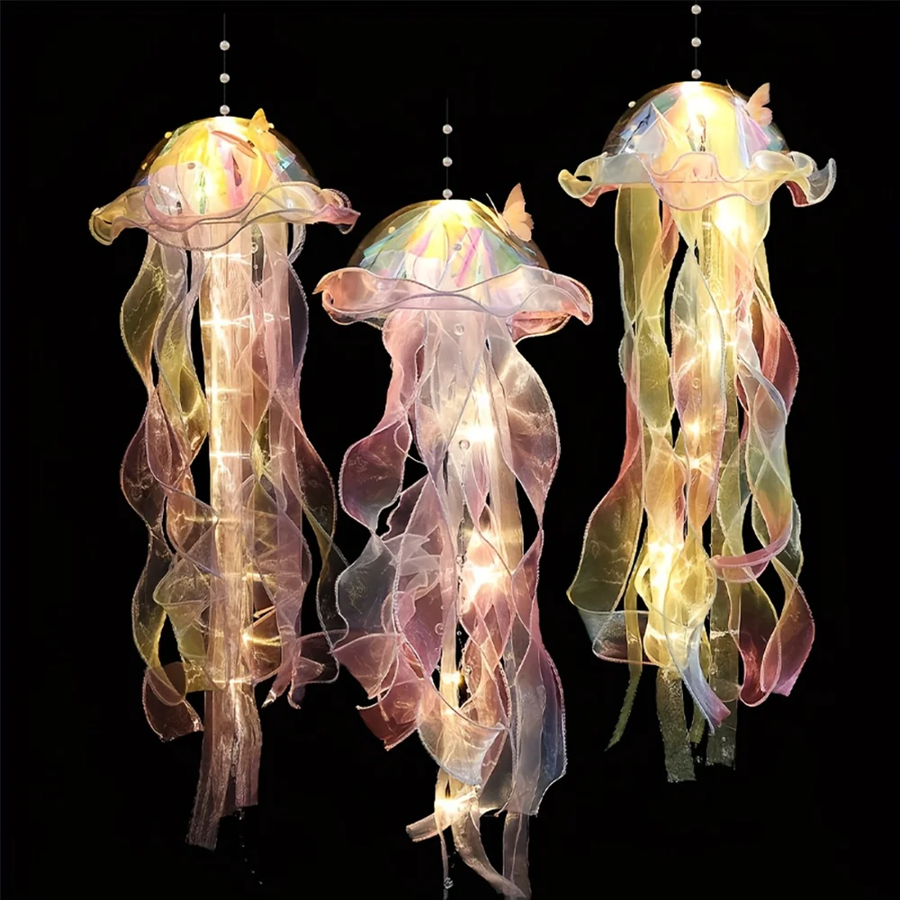 1 PC Creative LED แมงกะพรุนโคมระย้าแบตเตอรี่ Hand-ทอริบบิ้นลูกปัดสวนกลางแจ้งตกแต่งห้องนอน PARTY Photo PROP