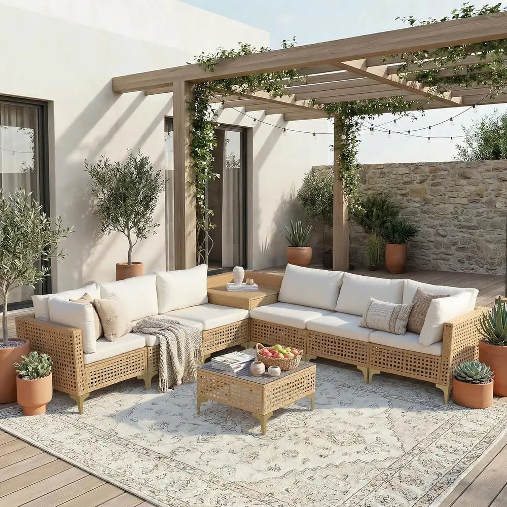 

8-Piece Wicker Outdoor Sectional Sofa Set with Storage and Tempered Glass Table, Yellow/Beige