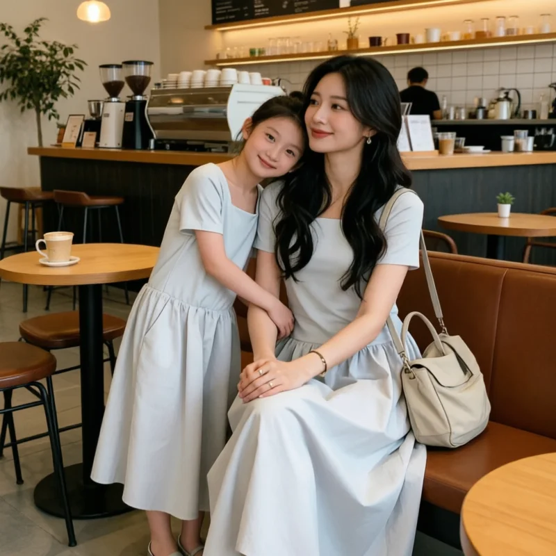 Mother Daughter Matching Solid Dress Square Neck Short Sleeve Casual Midi Sundress Summer Family Mommy & Me Outfit