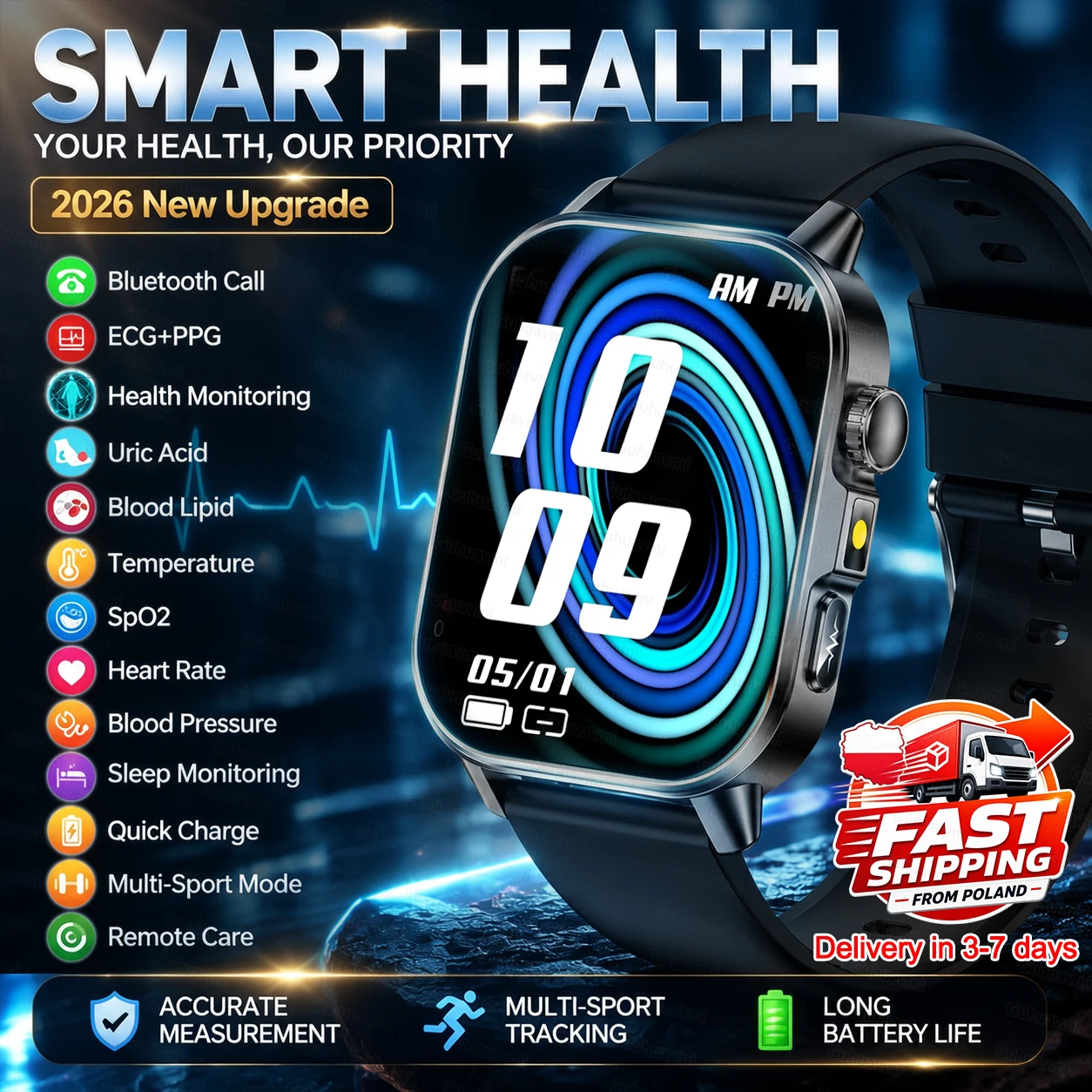 ECG + PPG de 2,0 pouces Montres intelligentes Surveillance de la santé Montre pression artérielle Écran AMOLED Diagnostique précis Montres de santé Oxygène sanguin Acide urique ECG Tracker de mouvement Bracelet intelligent Cadran personnalisé Homme Femmes