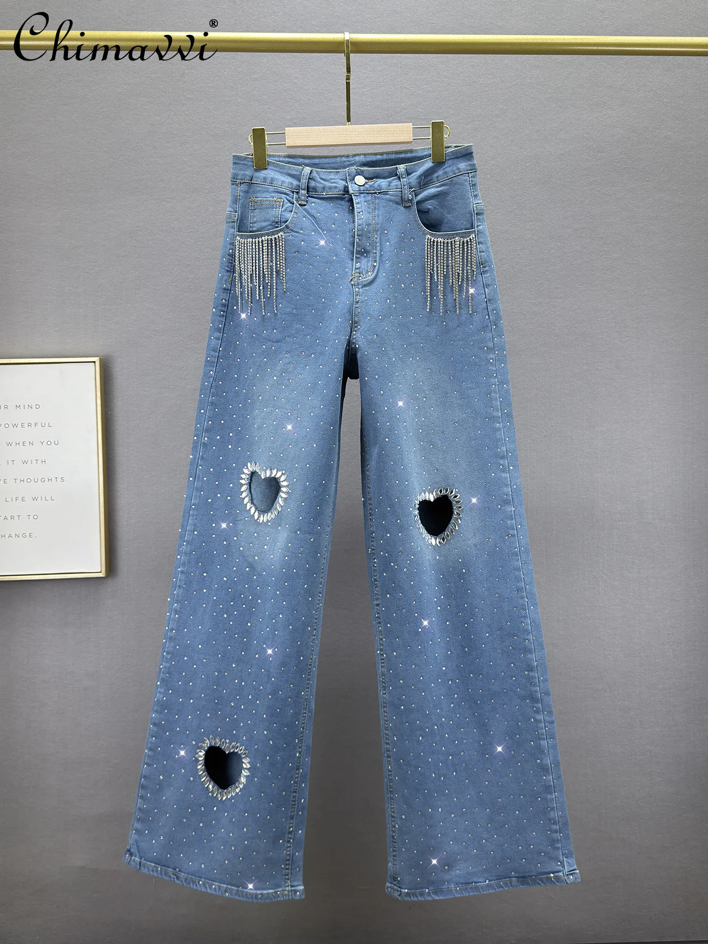 

Модные джинсы с бахромой и стразами для женщин, весна-лето 2026, новые, элегантные, с высокой талией, утягивающие, свободного кроя