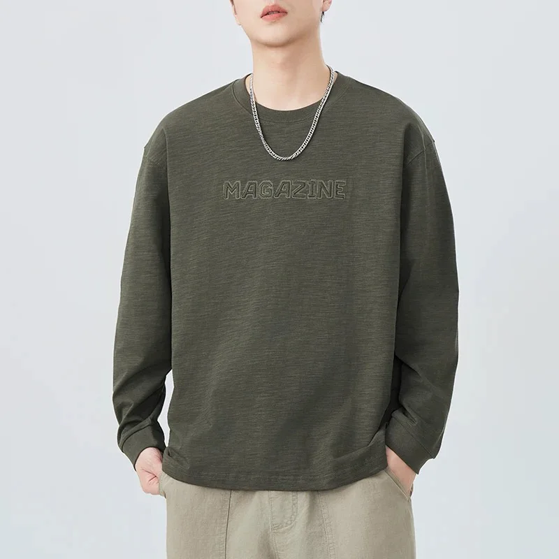 

Бамбуковая хлопковая футболка с длинным рукавом и вышивкой букв, мужская уличная модная свободная повседневная футболка, весенне-осенняя винтажная футболка