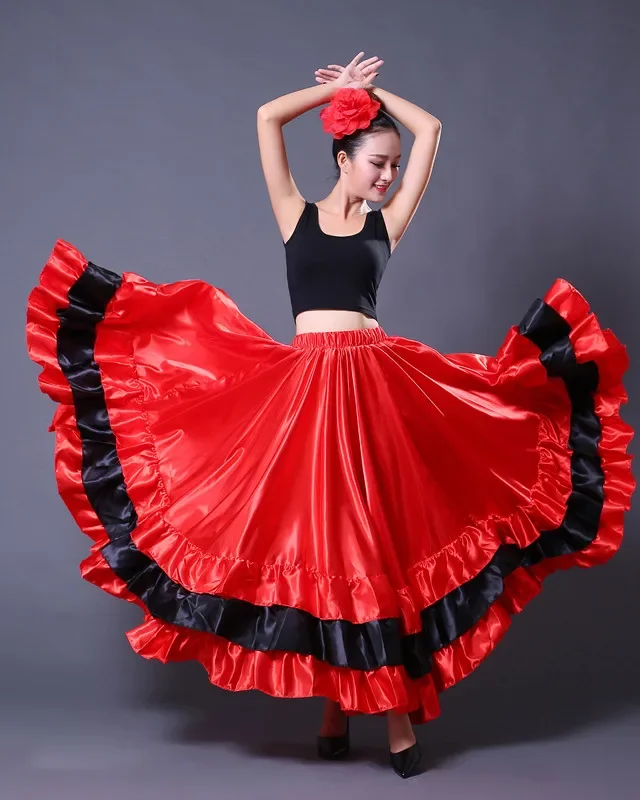 Mulheres Saia Taurina Espanhola, Dança do Ventre, Dança do Ventre Adultos, Abrindo a Praça, Saia Flamenco Oriental, Vermelho, 360 Graus, 540, 720 Graus, Novo