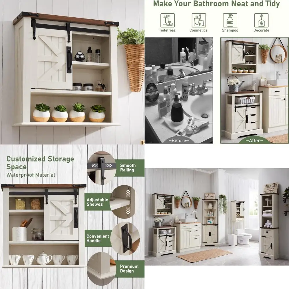 

Аптечка в деревенском стиле с раздвижной дверью сарая и регулируемыми полками для настенного хранения в ванной комнате