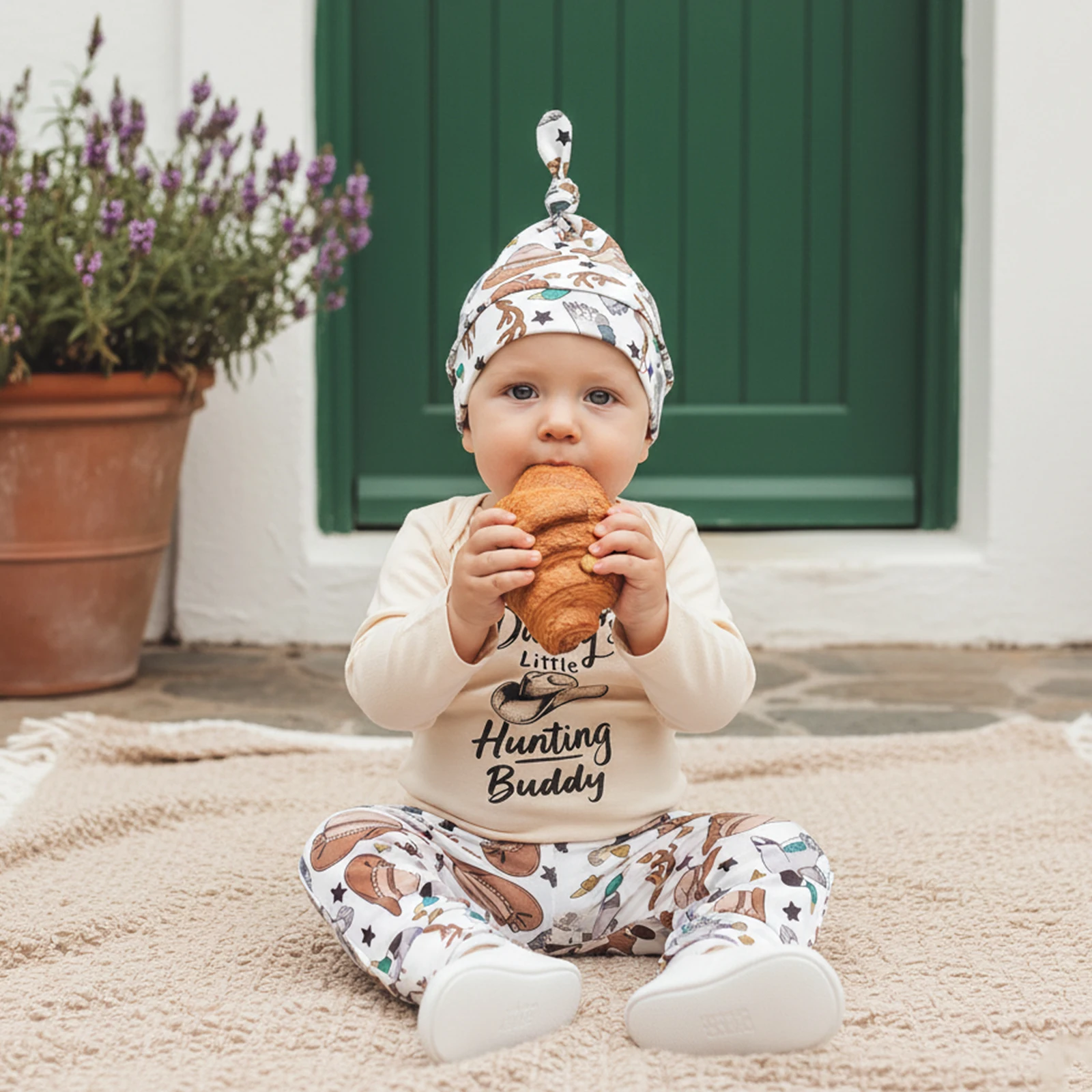 

Одежда для малышей, комплект из 3 предметов в стиле вестерн для мальчиков, комбинезон с длинными рукавами и шляпой-утки, штаны с принтом, комплект шляпы, одежда для новорожденных