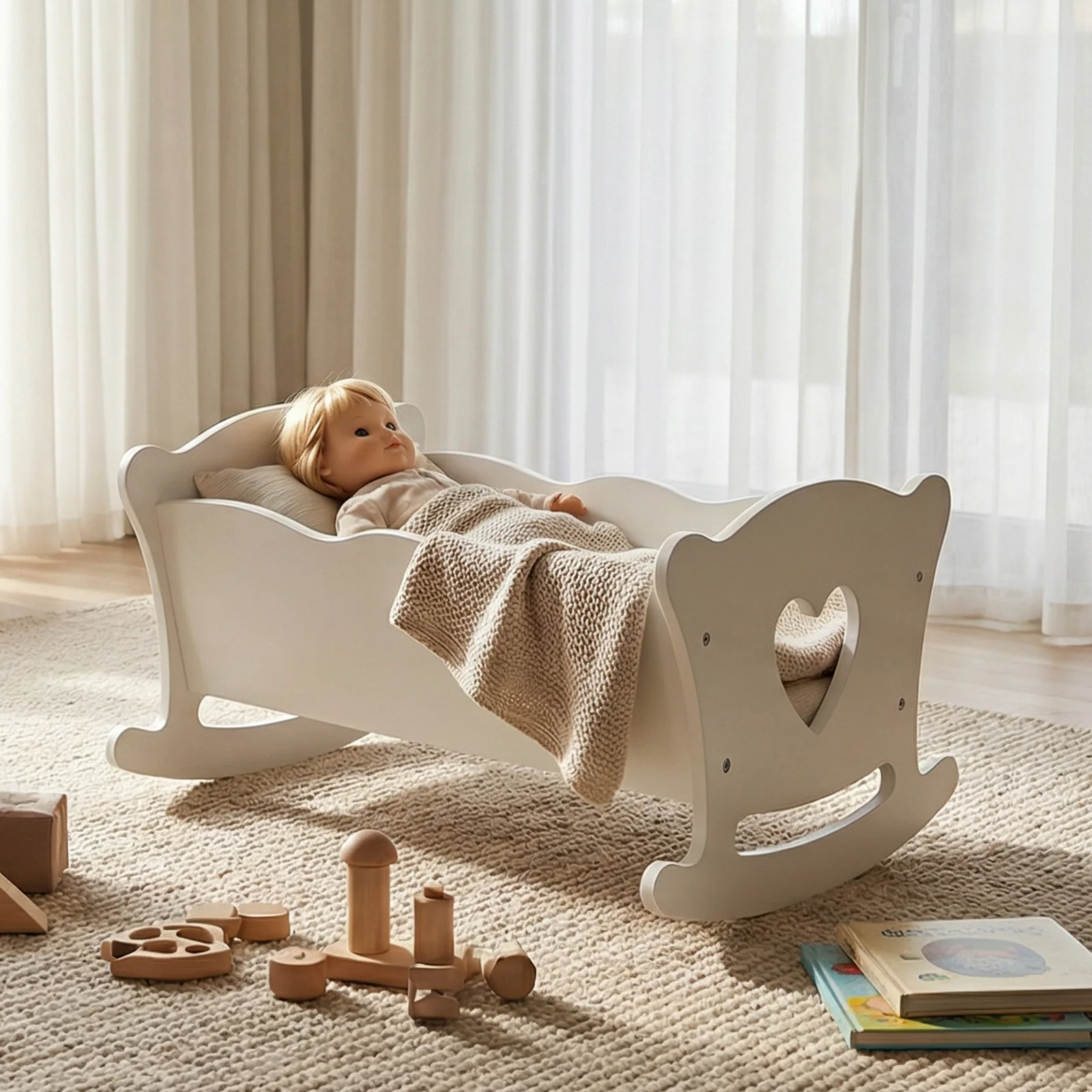 Culla in Legno per Bambole con Set di Biancheria da Letto Rosa per Bambole Fino a 20 Pollici, Giocattolo in Legno per Bambole