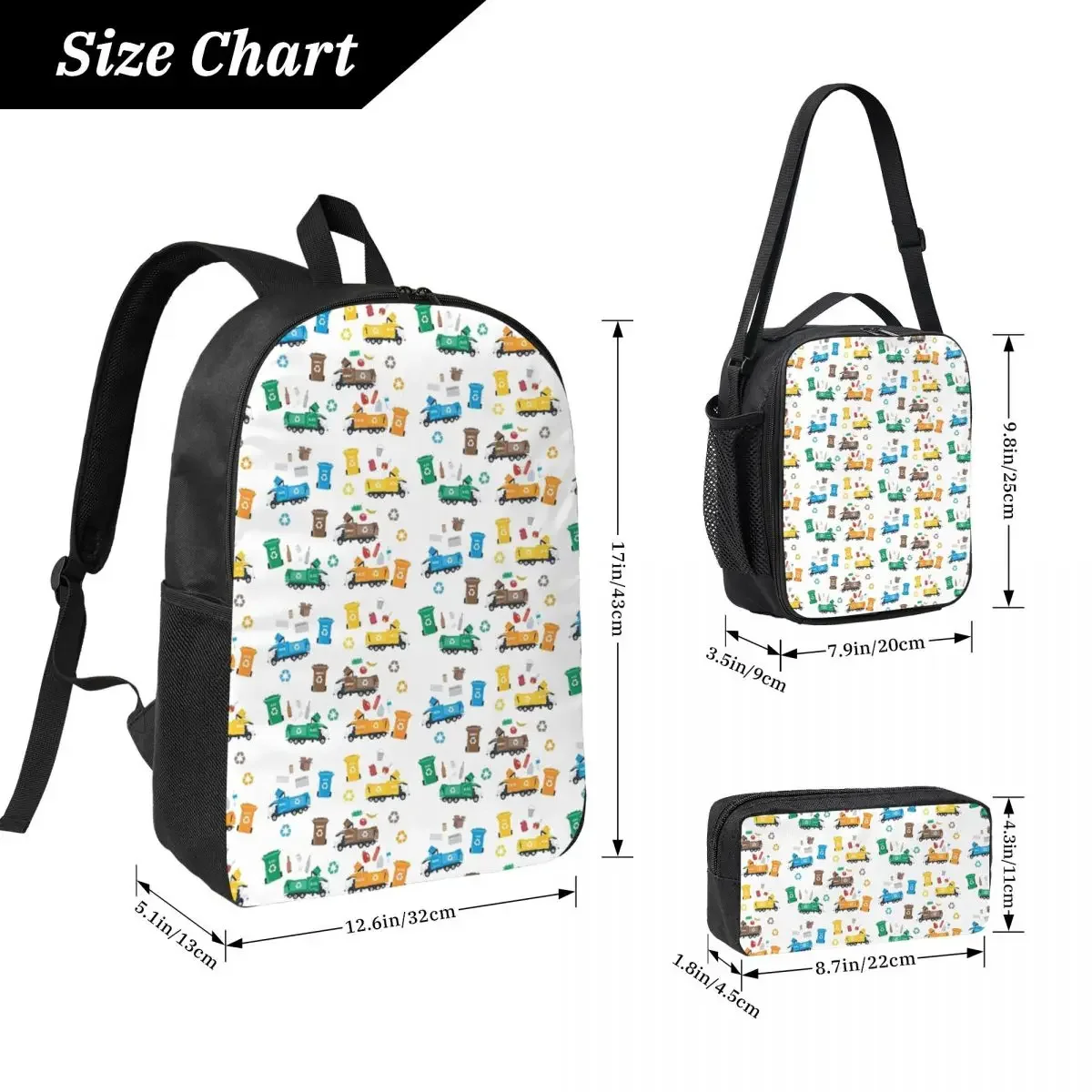 Colorful Recycling Garbage Trucks And Bins Backpack Student Boys Girls BookBag School Bag Insulated Lunch Bag Pencil Case