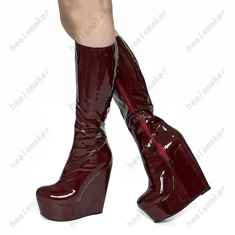 

Sukeia Handwork Women Winter Knee Boots Patent Wedges Heels Round Toe Gorgeous Wine Red Club Shoes Ladies US Size 5-20