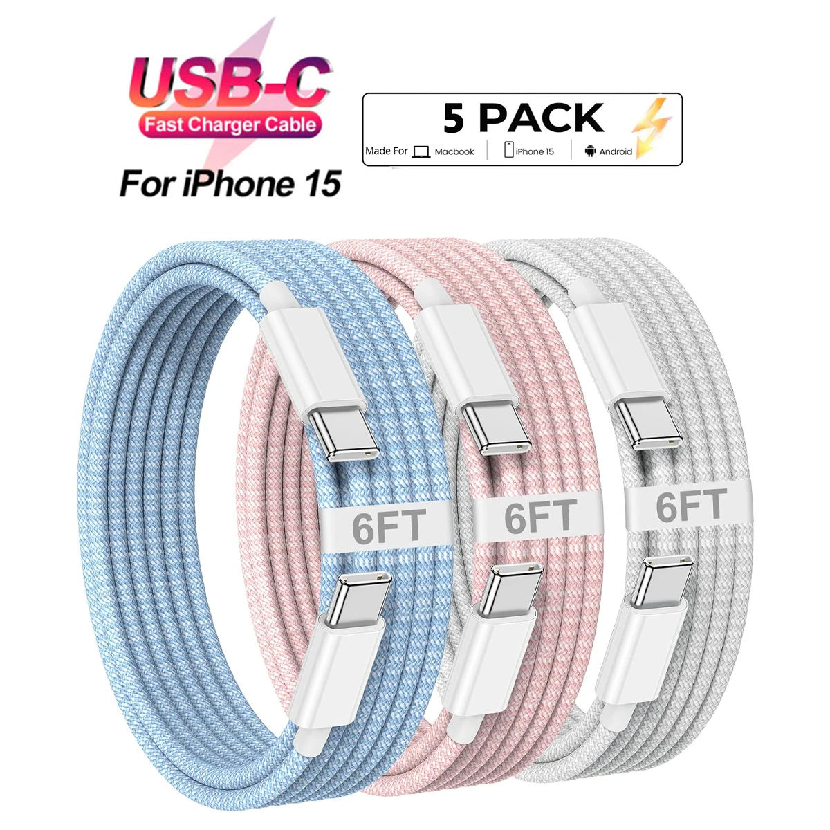 2-5Pack Original USB C to USB C Cable Fast Charger Cable For iPhone 15 Pro Max Plus Turbo Charging Line For Samsung Galaxy S24