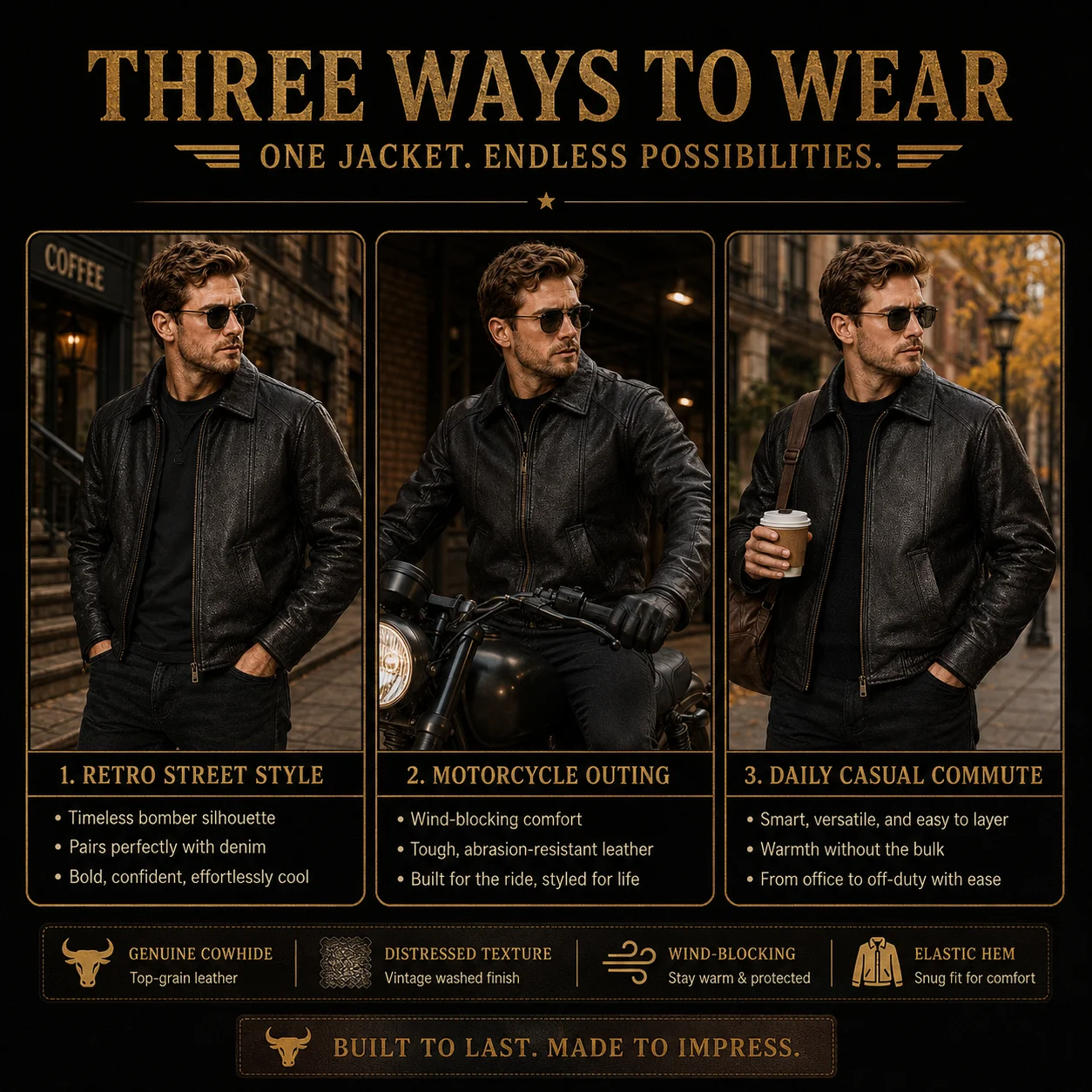Men Vintage Cowhide Flight Leather Jacket Distressed Biker Bomber Coat Genuine Leather Casual Motorcycle Outerwear Spring Autumn - view 6