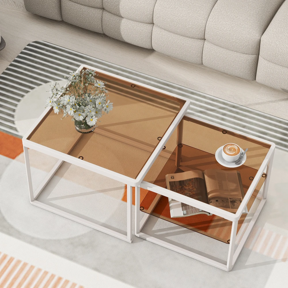 Modern nested coffee table set with a combination of high and low,Brown tempered glass cocktail table with metal frame