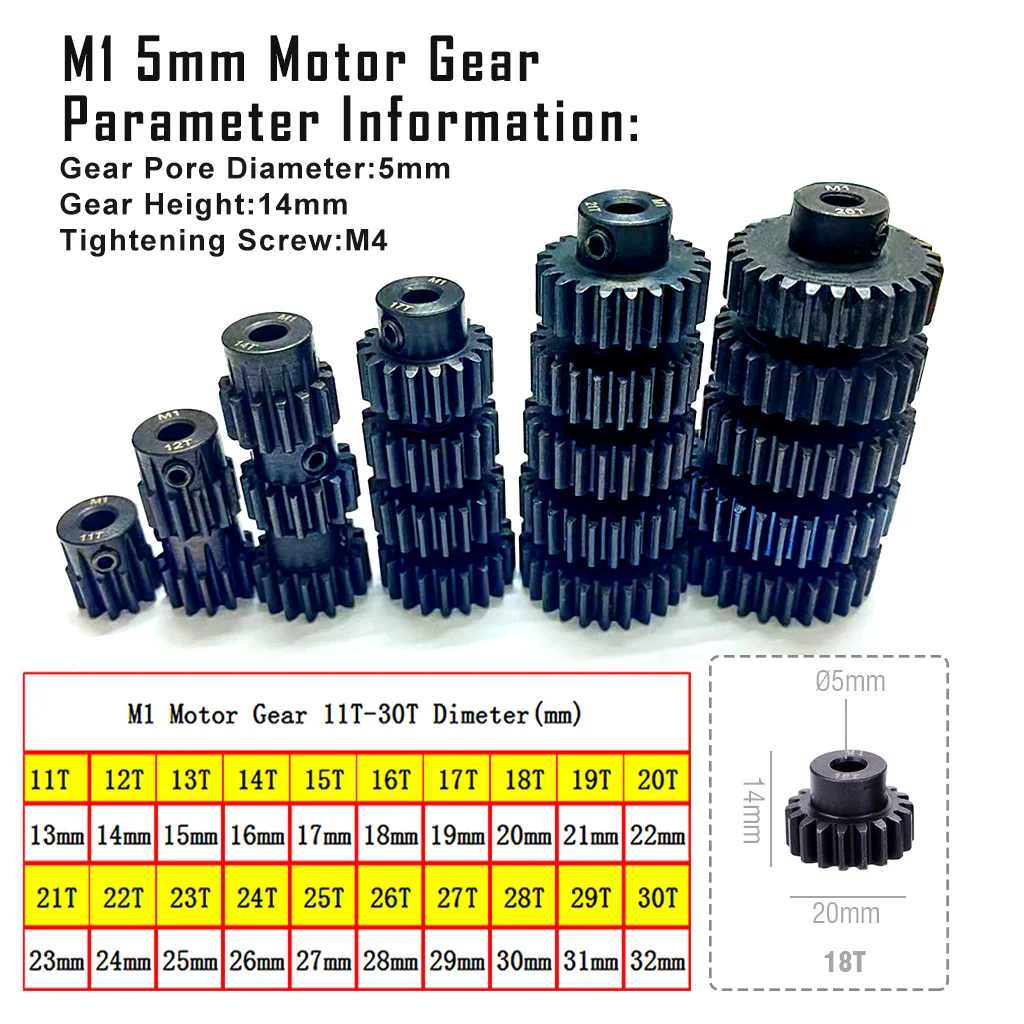 M1 5mm 23T 24T 25T 26T 27T 28T 29T 30T Black Steel Metal Pinion Motor Gear for 1/8 1/10 1/7 RC Car 5mm Shaft Motor Gear