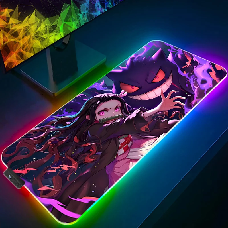 

RGB Large Mouse Pad Office Desk Mats PC Gaming Accessories XXL LED Mouse Pad P-pokemon G-Gengar Demon Slayer Nezuko Keyboard Mat