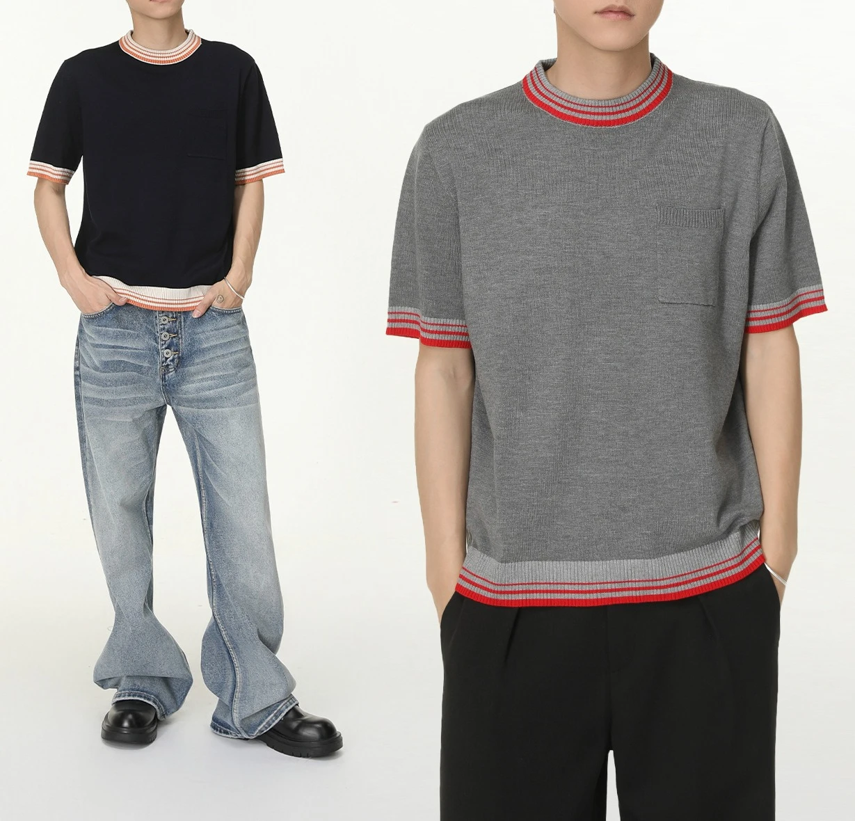 2026 Summer Round Neck Contrasting Colors Fashionable Simple Pullover Knitted Short-sleeved T-shirt Casual and Versatile