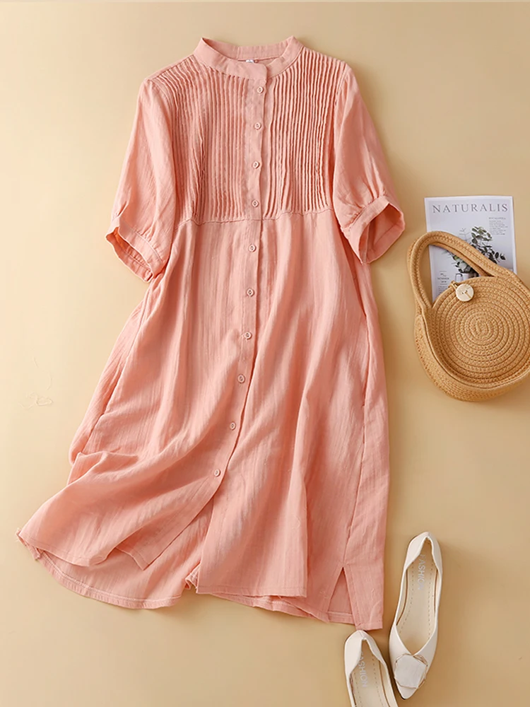 Women Cotton Dress 2024 New Summer Organ Pleats Short Sleeve Mini Dresses Patchwork Pleated Shirt Dress Vestido De Festa