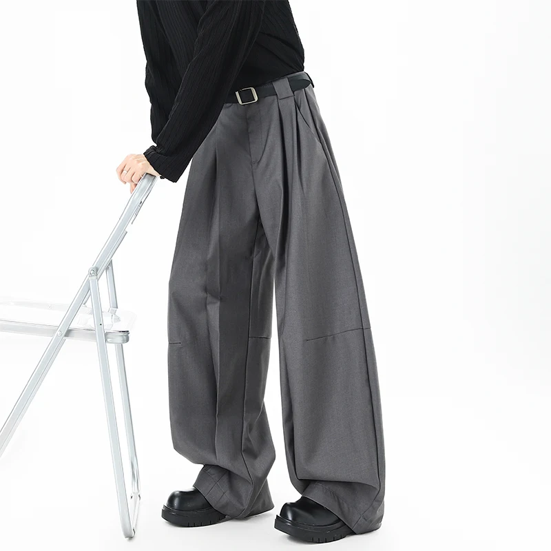 

Korean Style Men's Suit Pants Pleated Design Solid Color Drape Casual Curved Knife Trousers Wide Leg Male Bottom