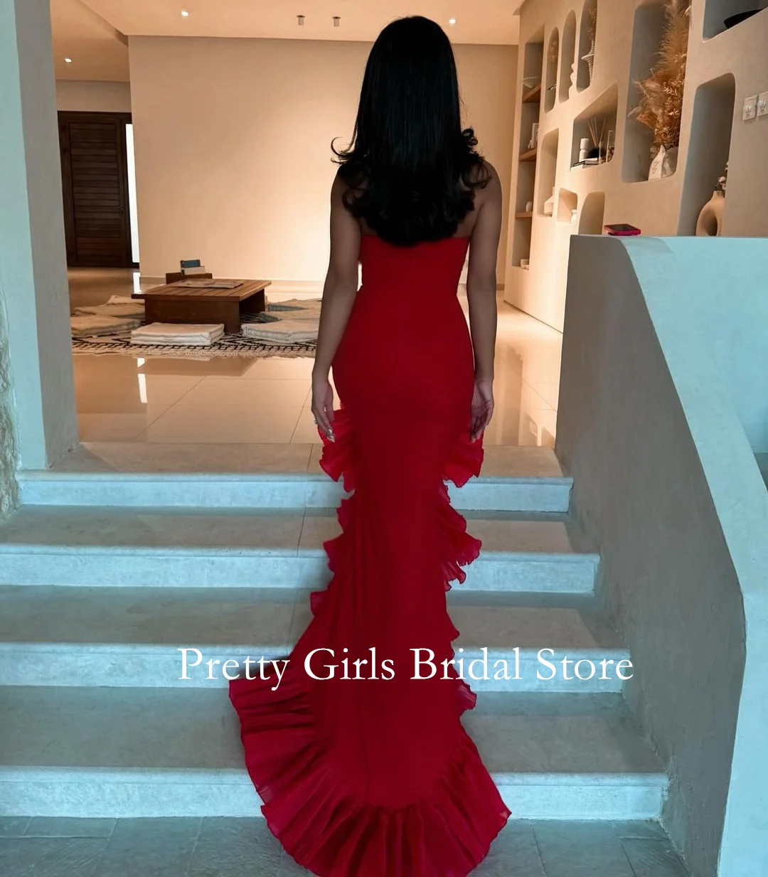 2024 Fashion Style Arabic Morden Customized  Ruffles Red Evening Dresses Formal Sleeveless Mermaid Prom Growns Party Women Bride