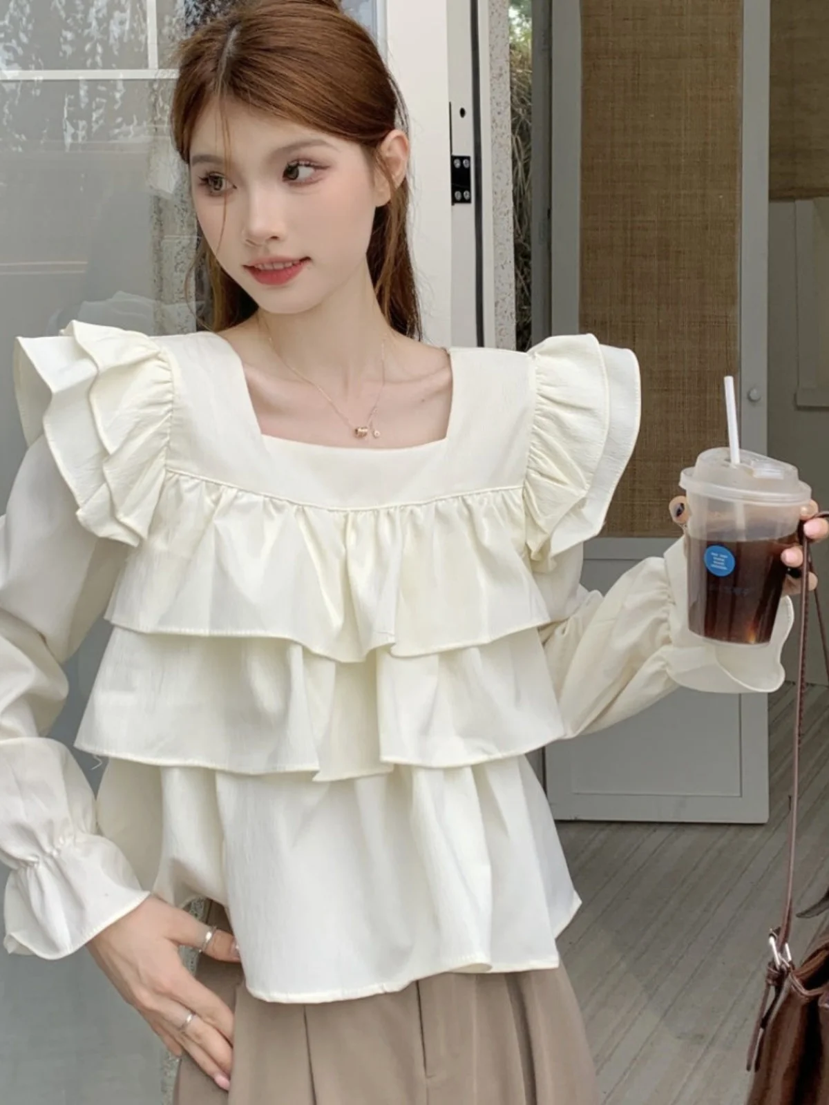 Ele Long Sve feminino irt Conceal Meat Outerwear Japonês Sle Doce Personali Renda Hemline Blusa Casual de Poliéster