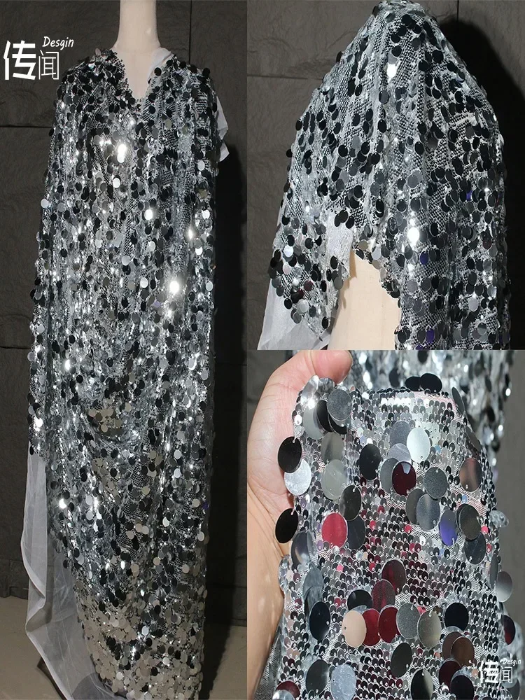 

Silver white sequin fabric background cloth decoration clothing designer fabric material for clothes cloth diy by the meter