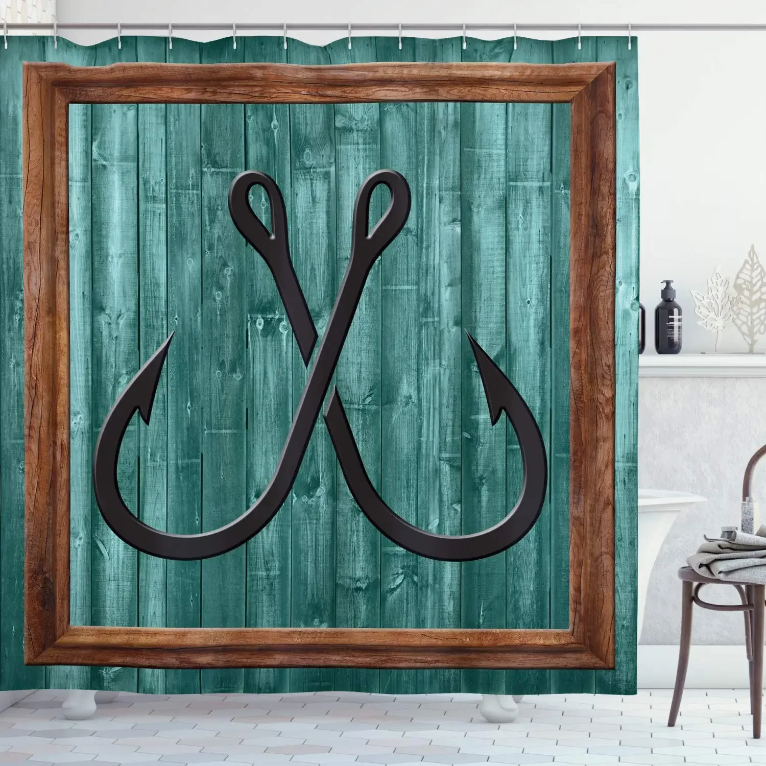 Nautical Shower Curtain Fishing Lures Anchor Modern Abstract Painting Wooden Frame Rustic Fabric Bathroom Decor Set with Hooks