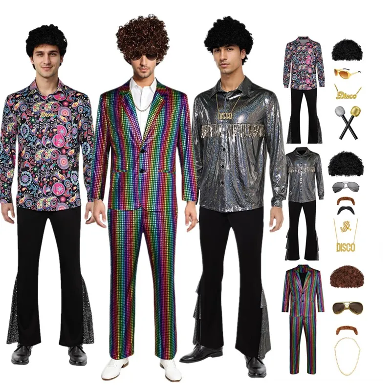 70s 80s Men Retro Disco Costume Adult 90S Hippie Cosplay Shirt Coat Flared Pants Wig Necklace Outfits Halloween Carnival Suit