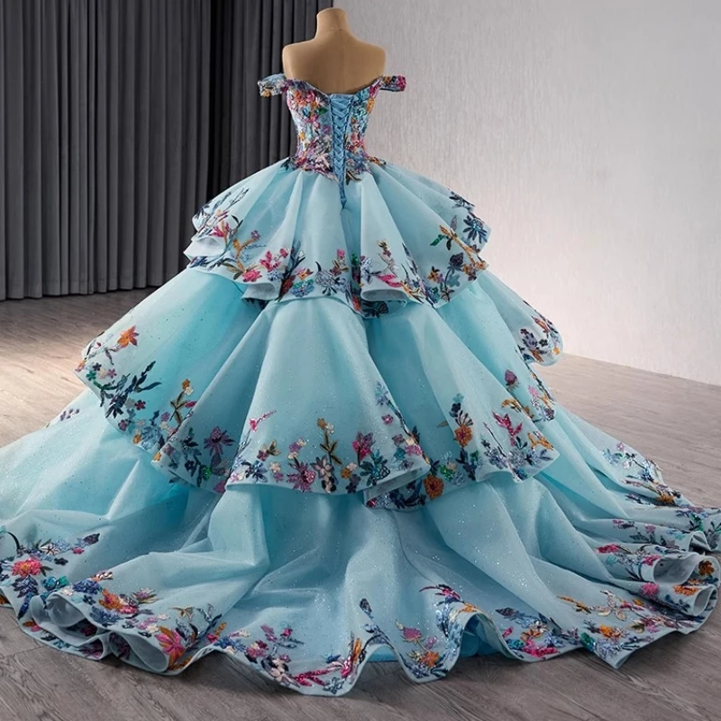 

Реальное изображение, роскошные милые платья Quinceanera для девочек 16 лет, многоуровневая пышная юбка с v-образным вырезом и блестками, женское платье для дня рождения, 16 выпускного вечера 2025 г.