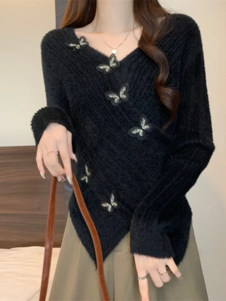 부드러운 브이넥 여성 니트 스웨터 매듭 디자인 슬림 핏 베이스 레이어 가을 겨울 따뜻한 롱 스웨터 탑