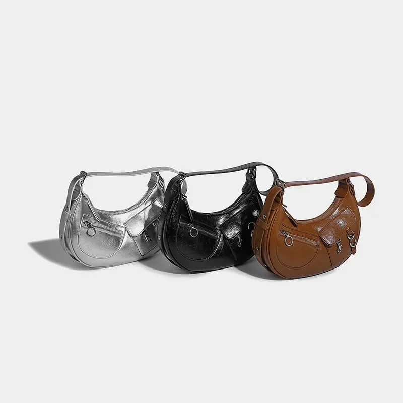 

Autumn Pure Color Versatile Zipper Underarm Handbags New Half Moon Shape Single Shoulder Bags Unique High Sense Cool Casual Bag