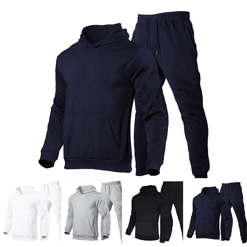 Men\'s Tracksuit Hooded Pullover + Sweatpants Sports Suit Casual Jogger Sportswear 2 Piece Male Fleece Streetwear Sets