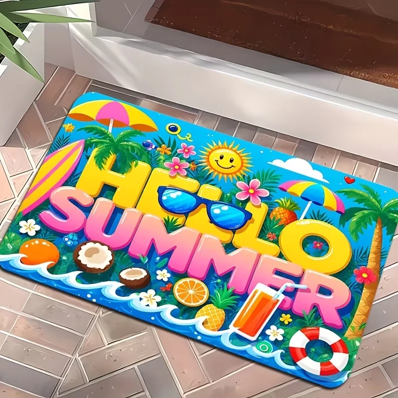Paillasson imprimé tropical Hello Summer, design coloré plage et fruits, tapis de sol antidérapant pour l'été