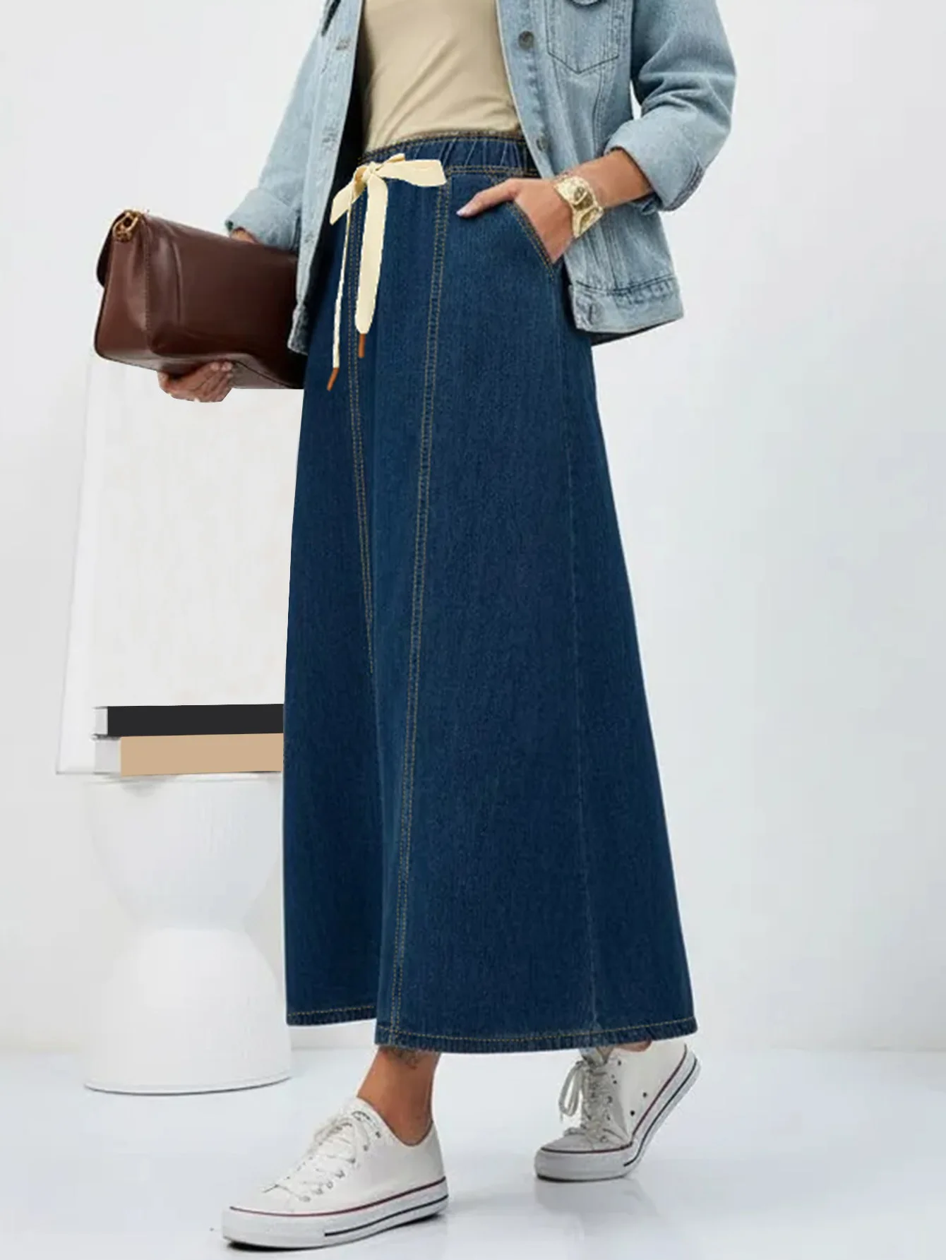 Harajuku Denim Skirt Y2k Aesthetic Elastic Drawstring High Waist A Line Flare Jean Skirt Ladies Vintage Skirts Streetwear view 5