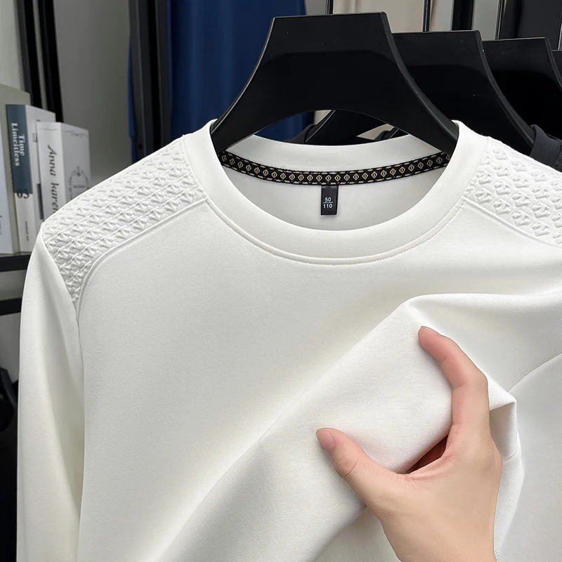 2025 هوديي الرجال الربيع والخريف جولة الرقبة طويلة الأكمام تي شيرت فضفاض عارضة تنوعا قاعدة قميص