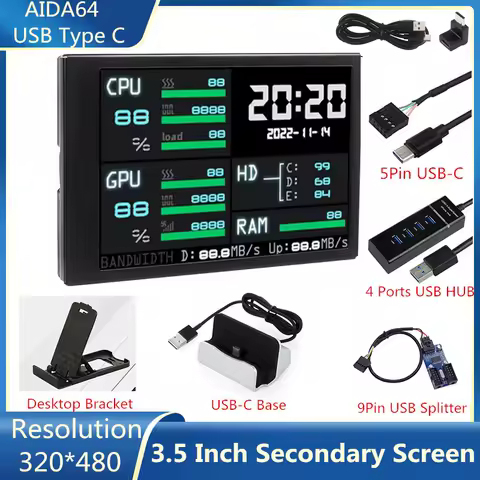 3.5 Inch USB Type-C IPS Secondary Screen AIDA64 for Mini Computer LCD CPU RAM GPU Monitor USB Display Sub-Screen