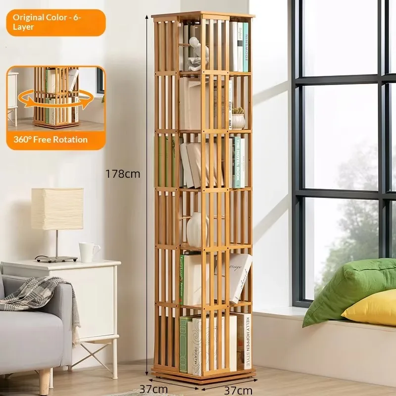 Rotating 360-Degree Modern 5-6Shelf Bamboo Bookshelf Children's Picture Bookcase Storage Invisible Student Floor-Standing Rack