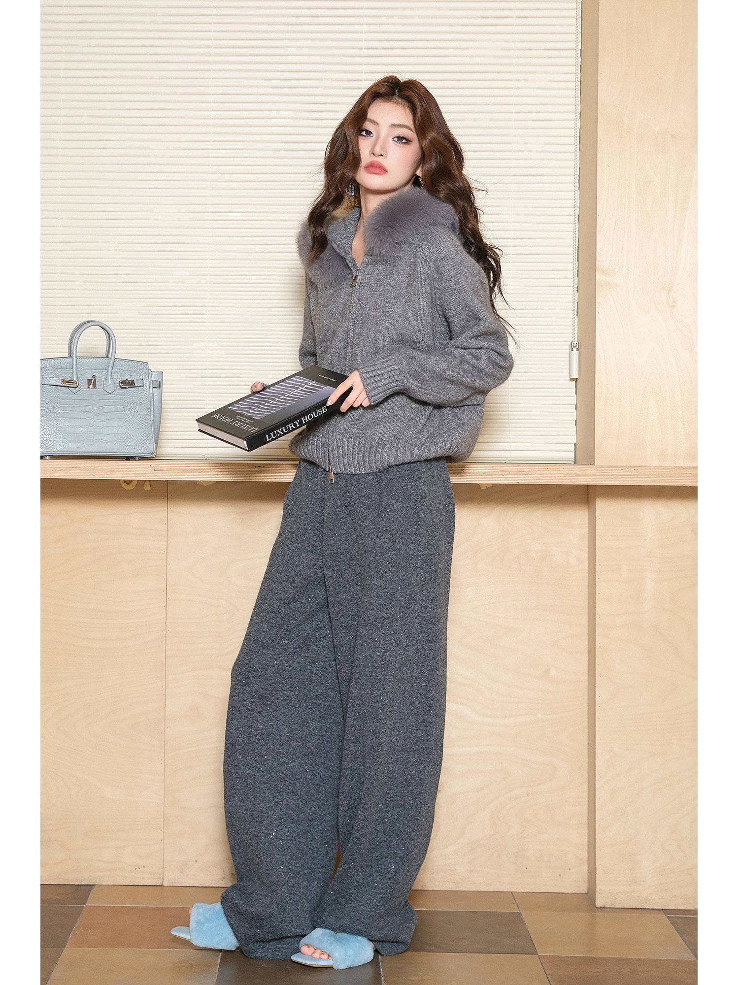 

MIUCO Уютный высококачественный вязаный кардиган с меховым воротником на молнии, универсальный свитер-жакет для осени и зимы, простой повседневный стиль