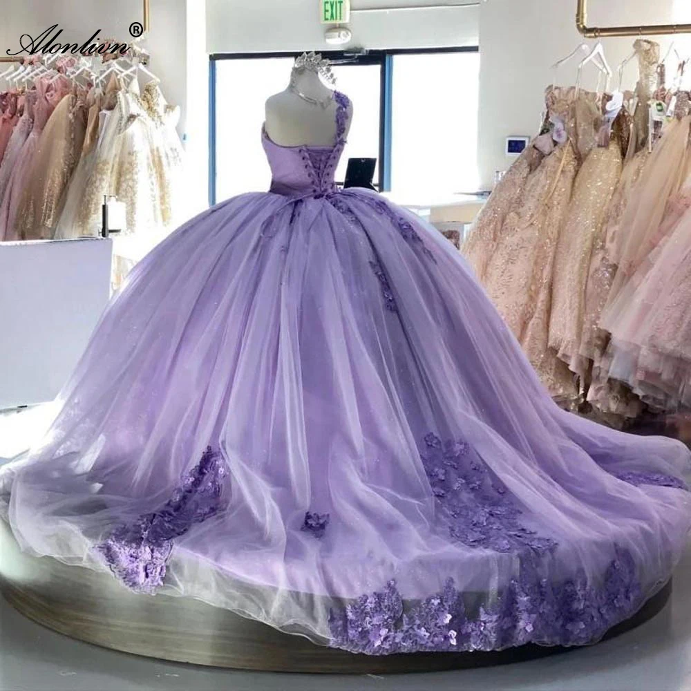 Alonlivn One Shoulder Sweetheart Ball Gown Wedding Dresses Beading Pearls Appliques Princess Bride Skirts
