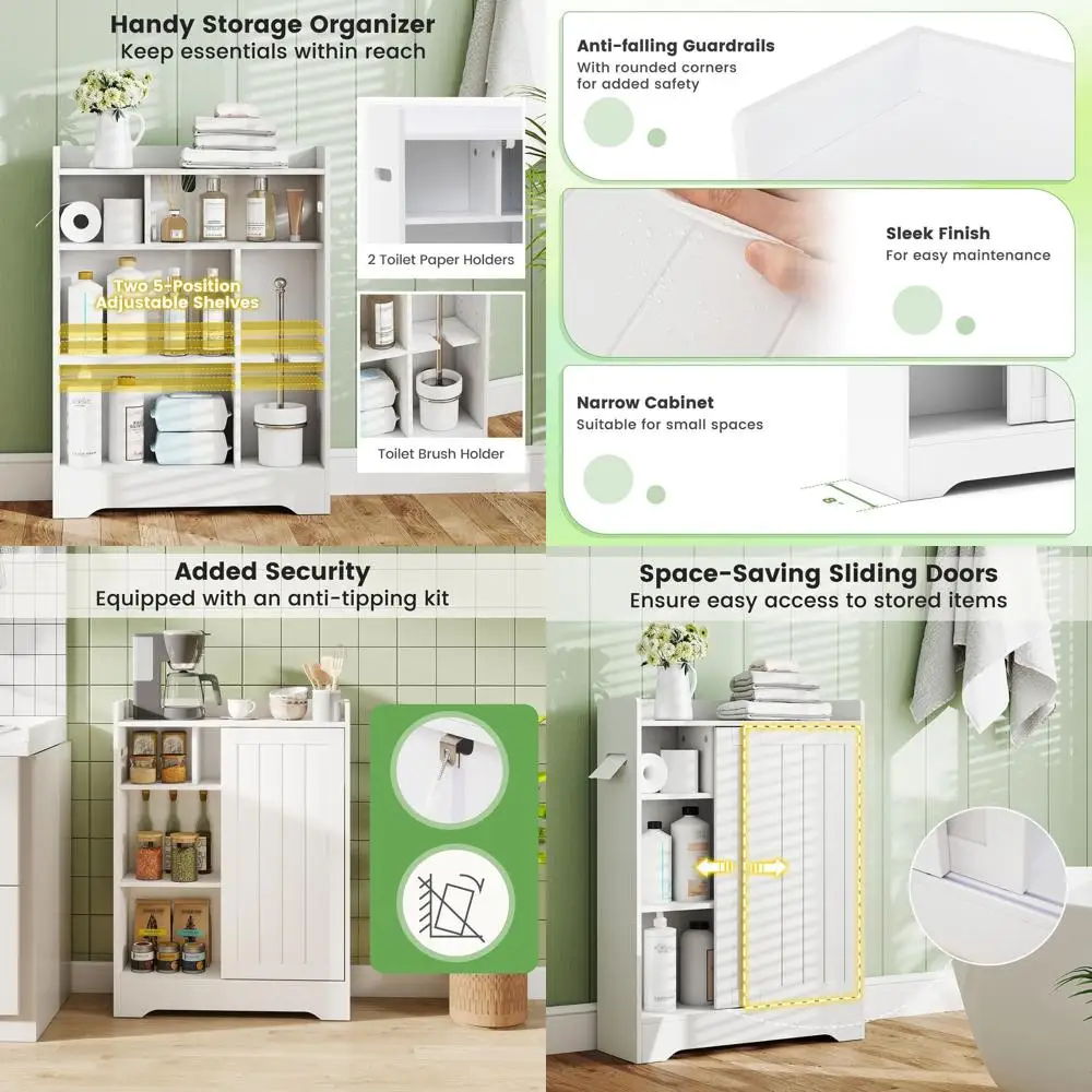 

Space-Saving White Bathroom Floor Cabinet with Toilet Paper Holder, Brush Compartment, and Adjustable Shelves